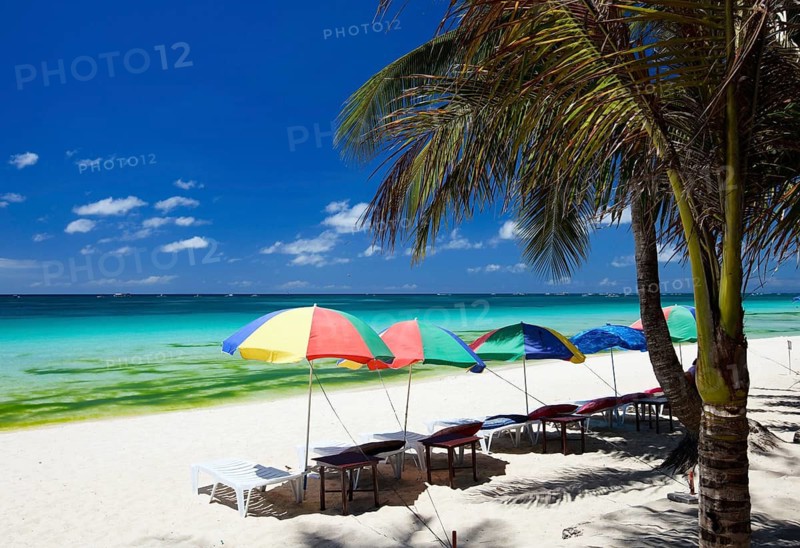 Beach with palm trees and deckchair on Boracay, island, Philippines, umbrellas, Boracay, Philippines