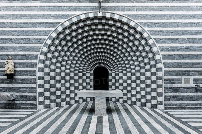 Interior view, modern chapel, San Giovanni Battista, architect Mario Botta, Mogno, Maggia Valley, Valle Maggia, Canton of Tessin, Switzerland