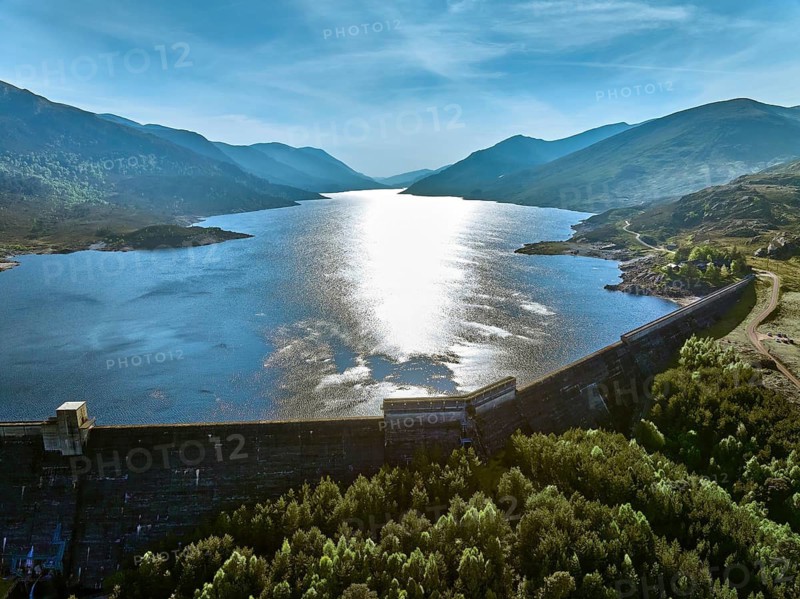 Aerial view of Loch Sealbhanach and Loch Mullardoc, a water reservoir with hydro electric power station in a side Valley of Glen Affric, Highlands, Scotland, United Kingdom