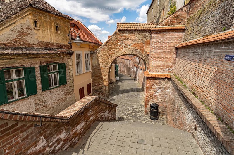 The Pasajul Scarilor Pasajul stairs between Lower Town and Upper Town in the old town of Sibiu or Sibiu, Transylvania, Romania