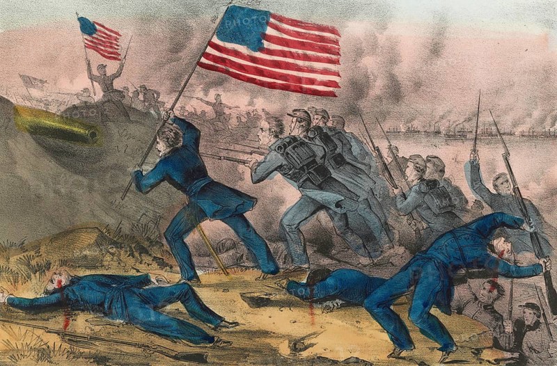 Capture of Roanoke Island in North Carolina by Union troops on February 8, 1862, assault by Union troops during the Battle of Roanoke Island in the American Civil War, authentic, digitally restored reproduction in high resolution from a 19th-century original, exact date of presentation unknown, American history, historical
