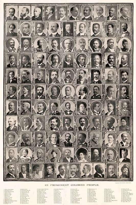 Poster 101 Prominent Colored People published in 1902 by Progressive American Publishing Co. in Philadelphia, Pennsylvania. It highlights the achievements and social contributions of 101 outstanding black personalities, men and woman. The people shown include influential activists, clergy, authors, doctors, educators, politicians, lawyers and entrepreneurs of the time. At the bottom of the print, there is a detailed index that assigns each of the numbered oval photographs by name, authentic, digitally restored reproduction from a 19th-century original, exact date of presentation unknown, historical