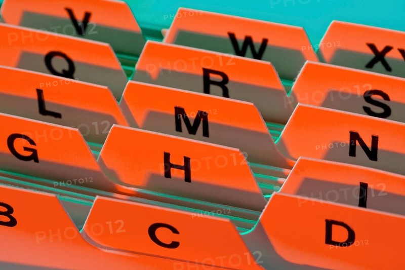 Alphabetical index for sorting index cards. Customer addresses and patient data, Studio, Lower Saxony, Federal Republic of Germany