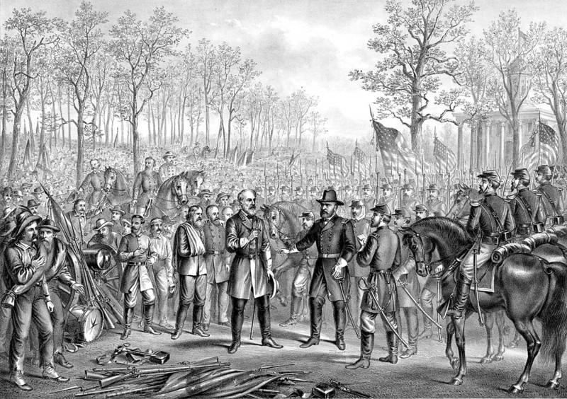 The surrender and surrender of General Robert E. Lee, Commander of the Confederate Southern Army, to Lieutenant General Ulysses S. Grant, Commander of Union Forces of the North, on April 9, 1865, end of the American Civil War, authentic, digitally restored reproduction in high resolution from a 19th-century original, exact date of presentation unknown, American history, historical