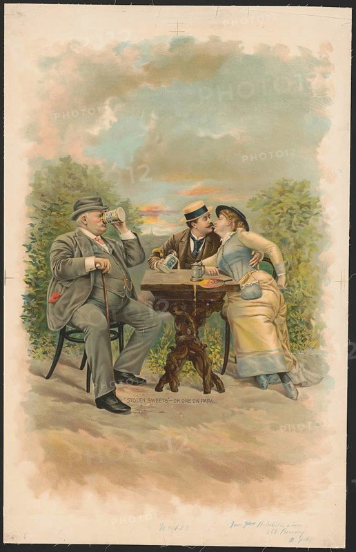 Advertising poster, beverage advertisement, color lithograph with the title Stolen Sweets Or One On Papa, Stolen Sweets Or One on Papa, by artist Henry Jerome Schile from 1893. The historical scene addresses a secret love affair in the protection of the father's inattention. An elderly, corpulent man sits on a chair and delightfully drinks from a large beer mug. Since the jug completely blocks his view, he doesn't notice what's happening right next to him. A younger man wearing a straw hat and an elegantly dressed young woman seize the opportunity for a secret kiss across the table, authentic reproduction of a historical advertising poster, advertising sign, in high resolution, historical