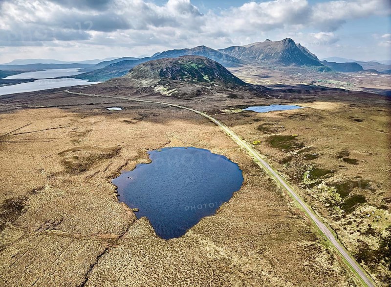 Panoramic aerial photo of the Highland landscape in Lettermore, Fainmore, northern Scotland, UK