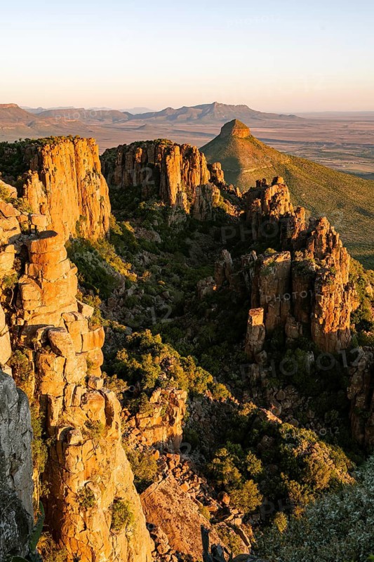 View of the Valley of Desolation at sunset, eroded rock needles from Dolorit, Camdeboo National Park, Graaff-Reinet, Eastern Cape, South Africa