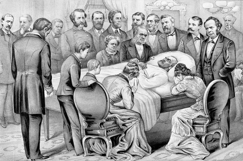 Death of James A. Garfield, 20th President of the United States, on his deathbed surrounded by his family and doctors, September 19, 1881. He succumbed to the consequences of an assassination attempt on July 2, 1881 and subsequent infections due to improper medical treatment, American history, authentic, digitally restored reproduction in high resolution from a 19th-century original, exact date of presentation unknown, historical