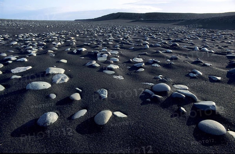 Basalt stones on lava sand, total, Iceland, south coast, stones, lava sand, beach, pattern, coast
