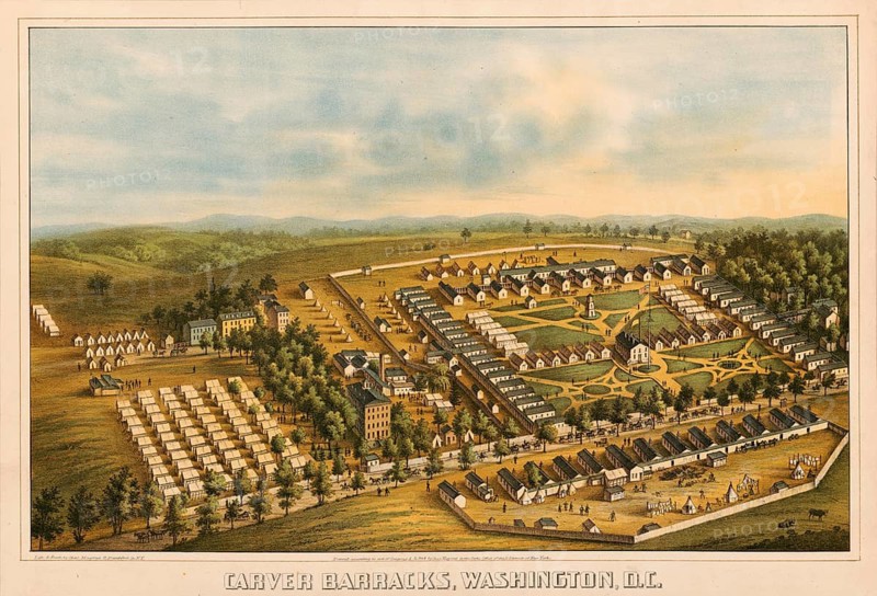 Carver Barracks in Washington, D.C. in 1864. During the American Civil War, the barracks served as a military facility for the Union forces and was later partly used as a general hospital (Carver General Hospital), an authentic, digitally restored, high-resolution reproduction based on a 19th-century original, exact date of the depiction unknown, American history, Historical