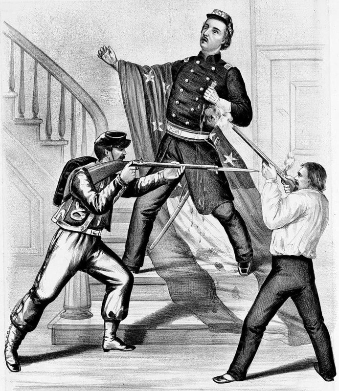 Elmer E. Ellsworth was shot dead by the hotel owner James W. Jackson (right) after Ellsworth had removed a Confederate flag from the roof of the hotel, 24 May 1861. On the left, Union soldier Francis Brownell intervenes and kills Jackson immediately after Ellsworth's death. American history, authentic, digitally restored high-resolution reproduction from a 19th-century original, exact date of the scene unknown, historical