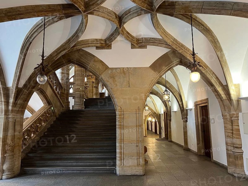 Stairway with vaulted ceiling, City Hall, Munich Upper Bavaria, Bavaria, Germany