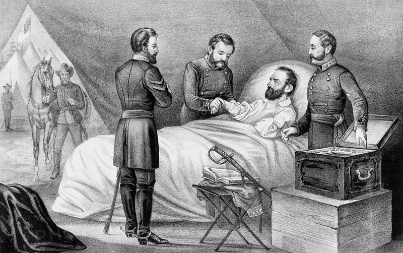 The historical lithograph shows Confederate General Thomas J. Stonewall Jackson on his deathbed in May 1863. Jackson died on May 10, 1863 as a result of pneumonia, after being accidentally shot by his own troops by friendly fire at Chancellorsville and amputating his left arm, American history, authentic, digitally restored reproduction in high resolution from a 19th century original, exact date unknown to the presentation, historical