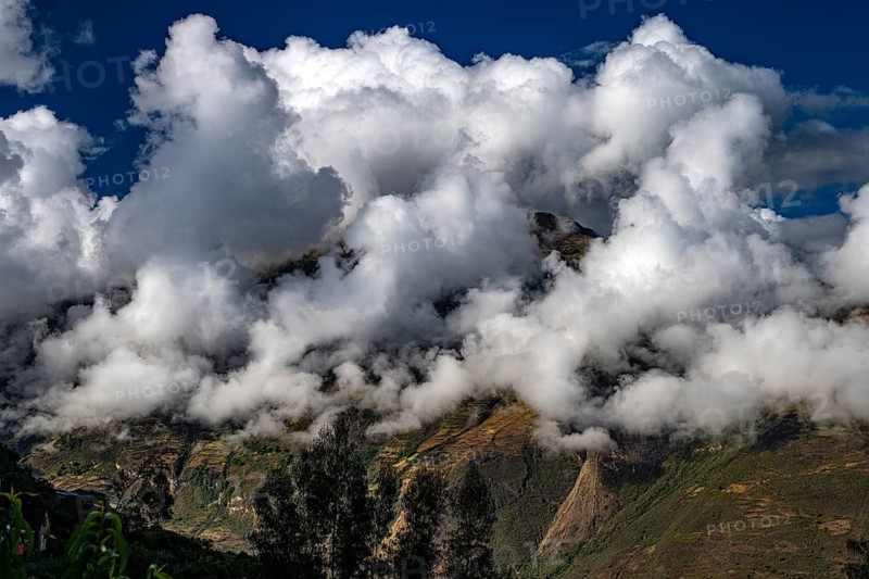 Mountain landscape with clouds, cloud forest near the Inca city, fortress, Choquequirao, also Choquequirau in the mountain jungle, cultural, religious center of the Inca, archaeological site, ruined city of the Inca, southern Peru, mountains, Andes, Peru, South America