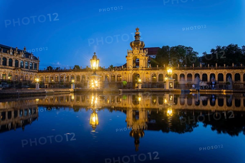 The reconstrated Zwingerhof, also pleasure garden, at the blue hour, Dresden, Saxony, Germany