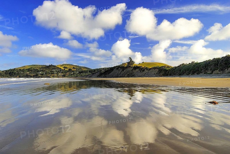 Beach near Moeraki with cloud reflection, Pacific Ocean Otago, South Island New Zealand Moeraki, South Island, New Zealand