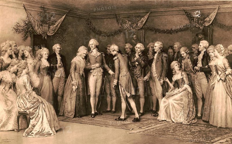 The Peace Ball. The scene depicts a ball that took place in Fredericksburg, Virginia, in 1781 following the victory of the Americans in the Battle of Yorktown. The focus is on George Washington dancing with his mother, Mary Ball Washington, authentic, digitally restored reproduction of a 19th-century original, exact date of depiction unknown, historical