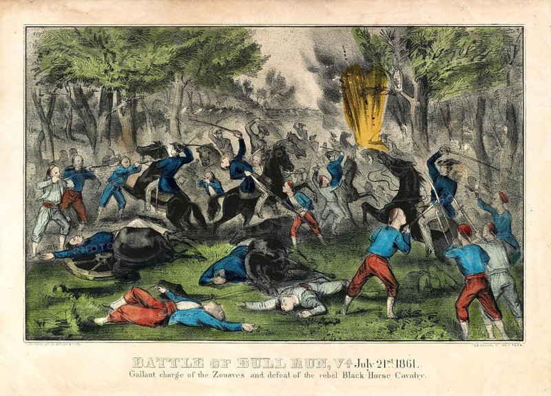 Historical lithograph by Currier & Ives entitled *Battle of Bull Run, Va. 21 July 1861. Gallant charge of the Zouaves and defeat of the rebel Black Horse Cavalry*. The First Battle of Bull Run during the American Civil War on 21 July 1861. The print depicts Union soldiers (Zouaves in their characteristic blue jackets and red trousers) engaging in close combat with Confederate cavalrymen (the Black Horse Cavalry), American history, authentic, digitally restored reproduction of a 19th-century original, exact date of the depiction unknown, historical