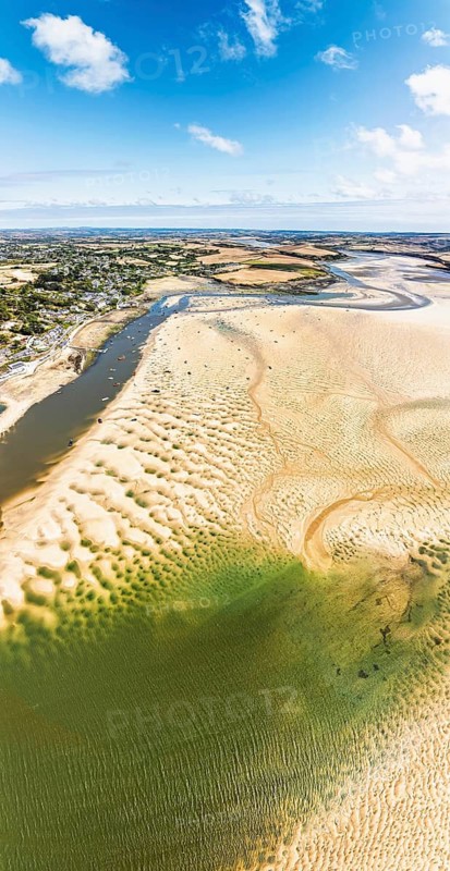 Panorama of River Camel Estuary from a drone at low tide over Padstow and Rock, Cornwall, England, United Kingdom, Summer 2026