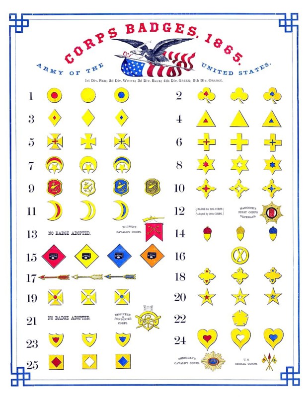 Historical overview chart of the corps insignia (corps badges) of the Union Army (Army of the United States) from 1865, which were used to identify the various army corps and divisions during the American Civil War. The geometric and symbolic shapes (such as stars, crosses, diamonds or arrows) identified the respective army corps, American history, authentic, digitally restored reproduction of a 19th-century original, exact date of the illustration unknown, historical