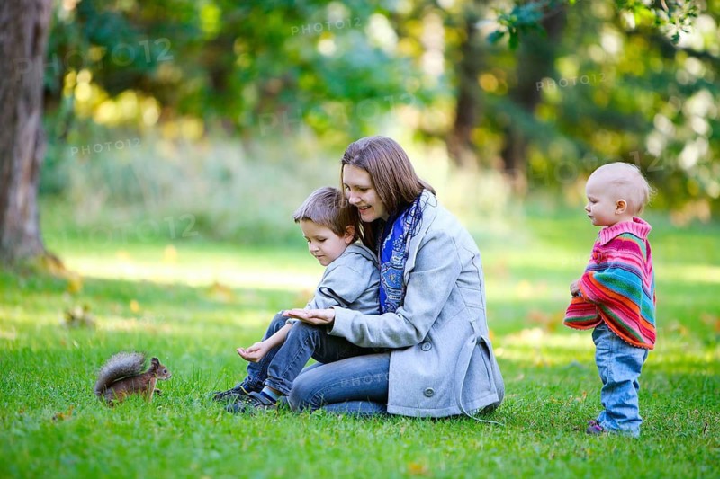 A young mother and two children watch a squirrel in the park, Finland, Scandinavia