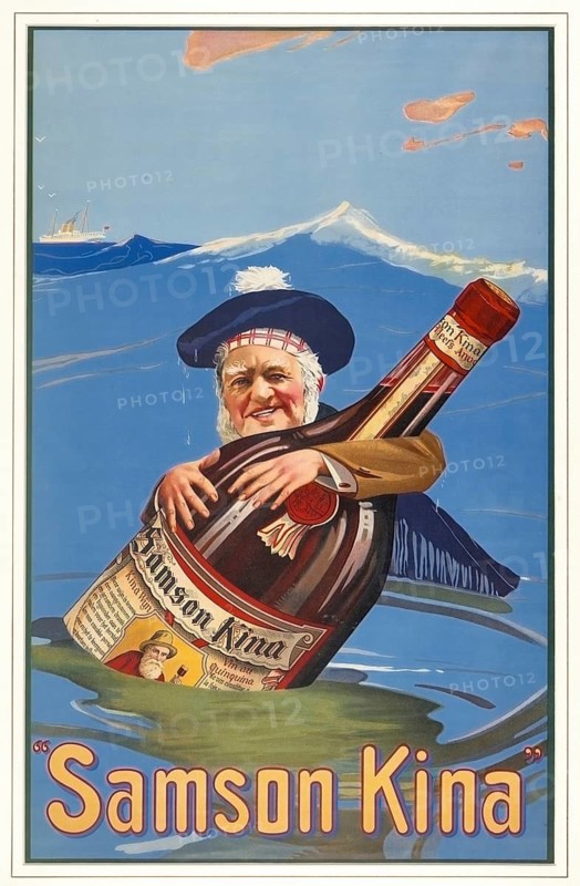 Advertising poster, beverage advertisement, Samson Kina advertising poster by J.L. Goffart from Belgium, created around 1922 and showing a man in a tartan cap hugging a huge bottle of wine. Samson Kina was a quinine-based Belgian wine, Kina wine often marketed as a tonic, authentic reproduction of a historical advertising poster, advertising sign, in high resolution, historical