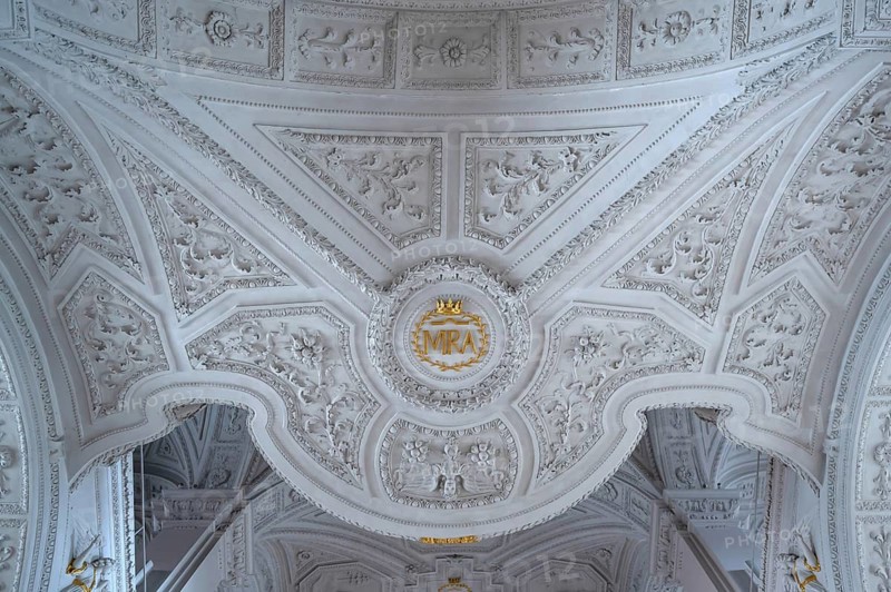 Stucco under the organ gallery in the court church of Our Lady, built 1607 to 1608, Karlsplatz, Neuburg an der Donau, Upper Bavaria, Germany