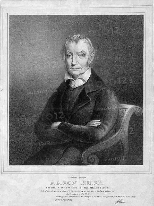 Aaron Burr (born on 6 February 1756 in Newark, New Jersey, died on 14 September 1836 in Port Richmond, Staten Island, New York) was an American politician. From 1801 to 1805, he served as the third Vice-President of the United States under Thomas Jefferson, an authentic, digitally restored reproduction of a 19th-century original, exact date of the image unknown, historical