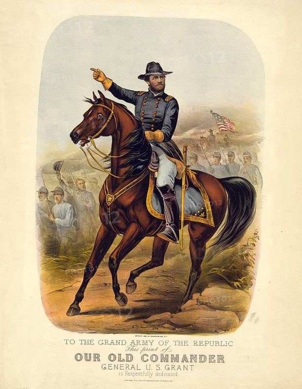 General Ulysses S. Grant on horseback, leading Union troops during the American Civil War. Grant rides his most famous and favorite war horse called Cincinnati here. He was considered one of the best horsemen in US military history, American history, authentic, digitally restored reproduction in high resolution from a 19th century original, exact date of presentation unknown, historical