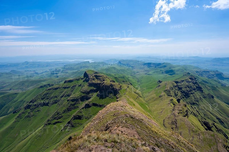 Mountain landscape of the Cathedral Range, view from Cathedral Peak or Cathedralpiek or Mponjwana, Drakensberg Mountains, KwaZulu-Natal, South Africa