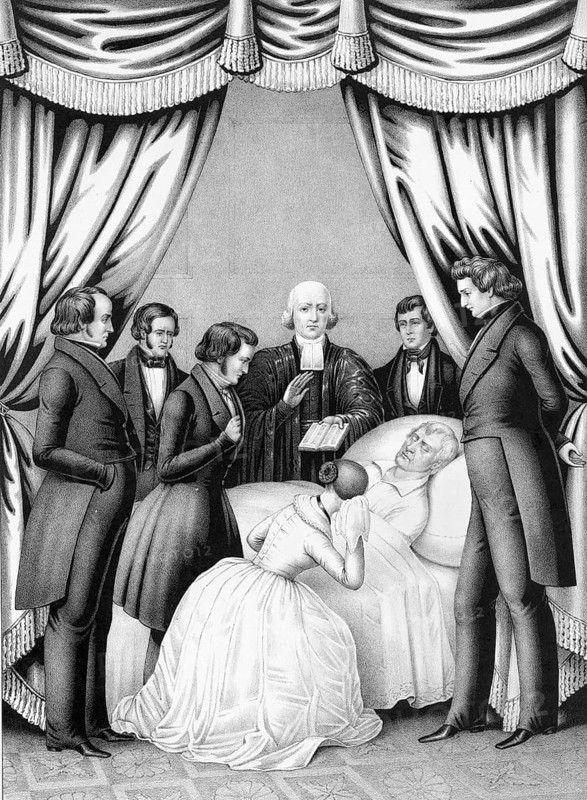 19th century lithograph depicting the death of US President William Henry Harrison on April 4, 1841. He died of pneumonia after just 32 days in office. Harrison was the ninth US president and the first to die in office. His tenure lasted the shortest period in US history, American history, authentic, digitally restored reproduction in high resolution from a 19th-century original, exact date of depiction unknown, historical