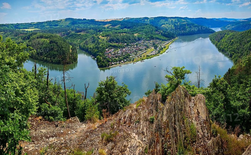 Picturesque view from Bockfelsen over a river and a camping village in the distance, Hohenwarte Stausee Weg, Thuringian Slate Mountains nature park Park, Obere Saale, Thuringian Sea, Thuringia