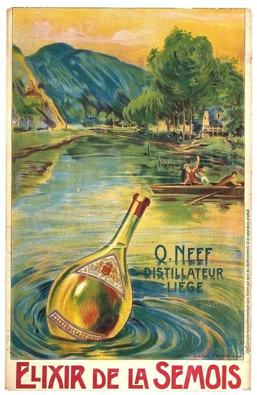 Advertising poster, beverage advertisement, poster promotes Elixir de la Semois, a liqueur from Q. Neef from Liège. The illustration shows a bottle of elixir floating in a river with a picturesque landscape in the background, 1920, authentic reproduction of a historical advertising poster, advertising sign, in high resolution