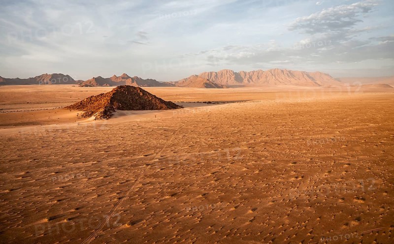 Aerial view, evening mood, empty Namib desert behind Naukluft mountains, Namib Naukluft Park, Namibia