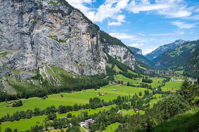 View of the picturesque valley of Lauterbrunnen with Staubbach Falls, mountain landscape, Bernese Alps, Bernese Oberland, Switzerland