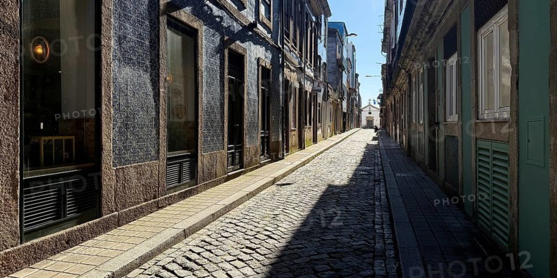 Rua do Pinheiro Street, a narrow and narrow typical street in the old town with the Capela de Nª Srª da Conceição da Quinta do Pinheiro at the end, Porto, Portugal