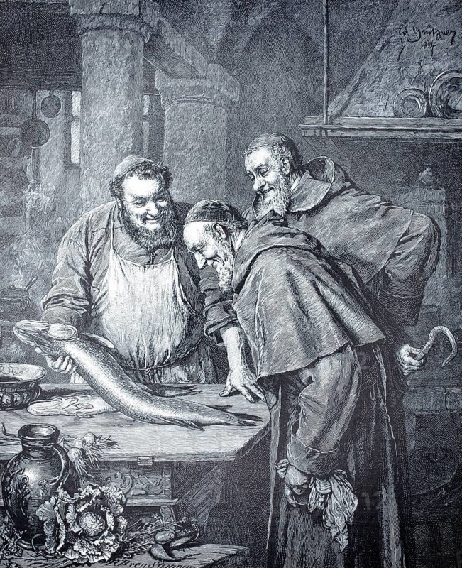 Lenten dish. Illustration from 1896 shows three Benedictine monks examining a freshly caught fish on a table. A cook monk proudly presents a stately, freshly caught fish on the kitchen table, while two confreres look at the catch full of anticipation and appreciation, illustration, reproduction from a 19th-century model. Authentic, file restored for optimal use, exact date of submission unknown, historical