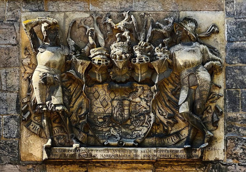Relief at the historic Torburg in Dyck, Dyck Castle, Jüchen, Lower Rhine, North Rhine-Westphalia, Germany