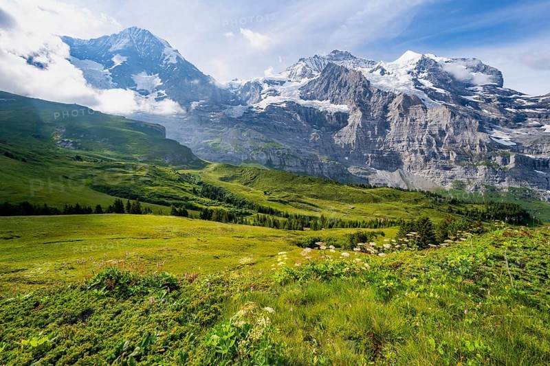 Mountain panorama with peaks Eiger, Mönch and Jungfrau, Kleine Scheidegg, Jungfrau region, Bernese Oberland, Switzerland