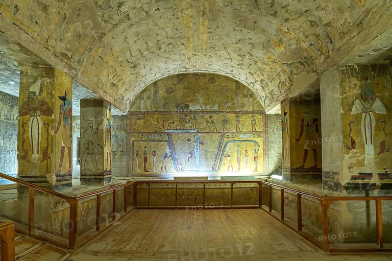 Reliefs in the ancient Egyptian tomb of Tausret and Sethnacht in the Valley of the Kings near Luxor, Egypt