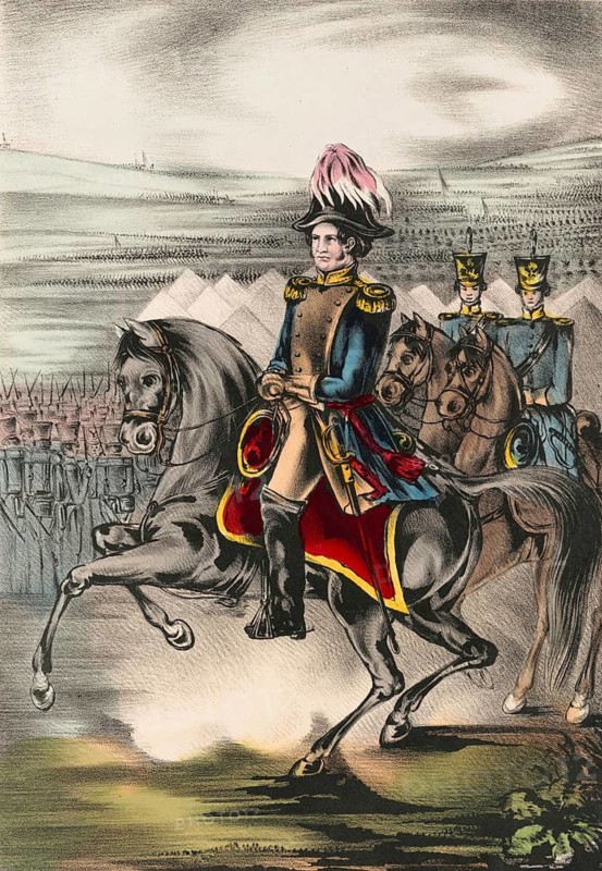 General Winfield Scott in military uniform with a distinctive plumed hat on horseback. The Battle of Cerro Gordo took place on April 18, 1847 and was an important victory for US forces under Scott on the advance to Mexico City, September 14, 1847, American history, authentic, digitally restored reproduction in high resolution from a 19th-century original, exact date of presentation unknown, historical