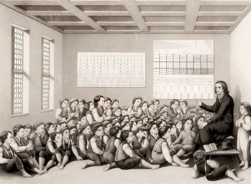 Pestalozzi with the orphans of Stans, school for orphans, Stans, canton of Nidwalden, Switzerland, Johann Heinrich Pestalozzi, 1746 - 1827, Swiss pedagogue, educational reformer, digitally edited based on a historical illustration