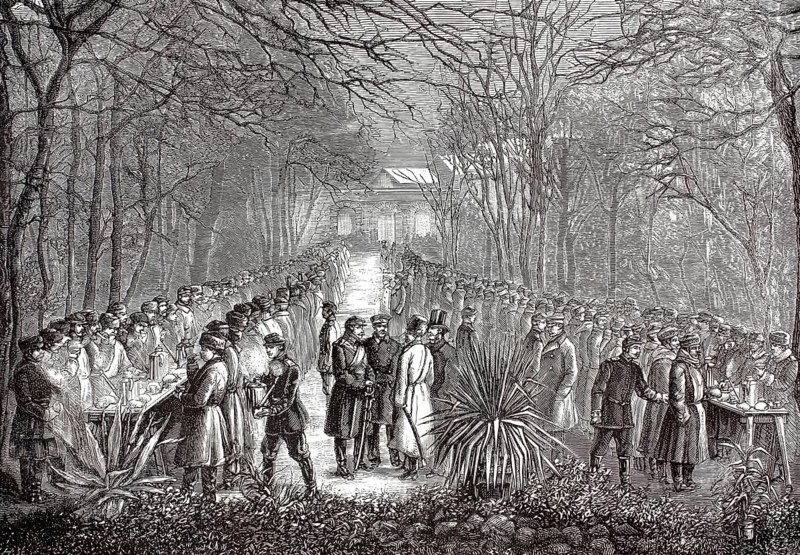 Russian troops being entertained in Tiflis in front of their departure, Russo-Ottoman War (1877–1878) . Before the Russian regiments marched off to the front in the South Caucasus to fight against the Ottoman Empire, they were given a ceremonial reception in the stately gardens of the imperial palace or the governor's residence, illustration, reproduction of a 19th-century original. Authentic, file restored for optimal use, exact date of the original unknown, historical