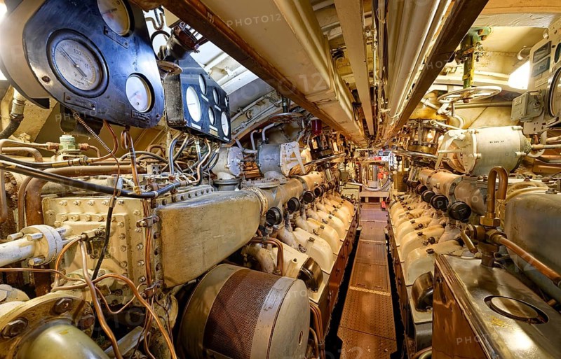 Museum submarine H.M.S.Otus. engine room. Sassnitz, Mecklenburg-Western Pomerania, Germany