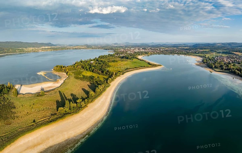 Aerial view, panorama of the Mettnau peninsula near Radolfzell on Lake Constance at historic low tide, 286 cm low tide, on the horizon the town of Radolfzell and the Hegauberge Mountains, Konstanz district, Baden-Württemberg, Germany