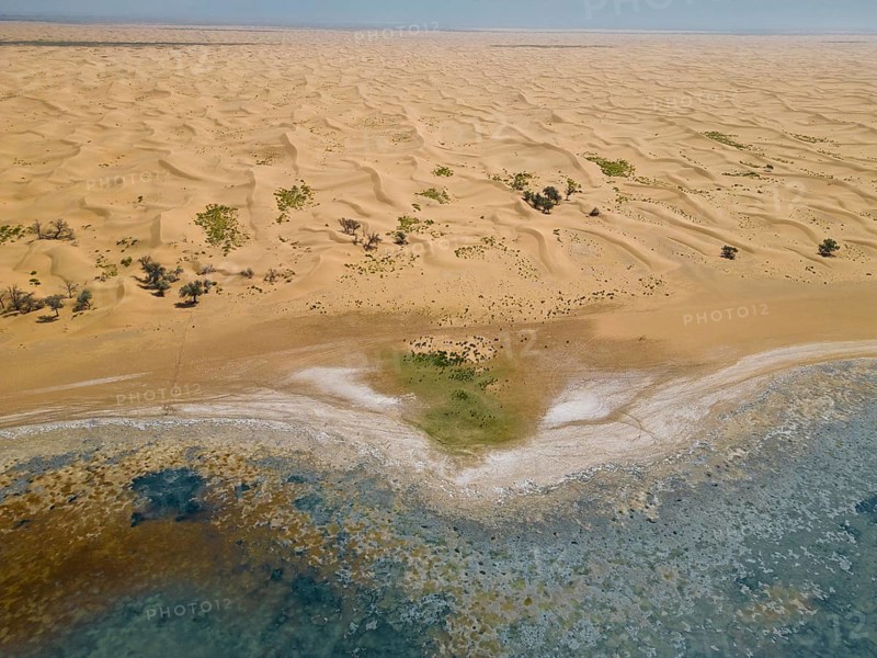 Aerial view, Swan Lake in front of moving sand dunes, salt lake in the Tengger Desert, part of the Gobi Desert, Inner Mongolia, China