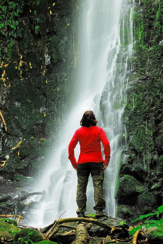 Woman at Matai Falls, Catlins Forest Park, Otago, South Island, New Zealand, Otago, South Island, New Zealand