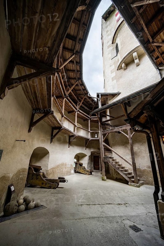 Cannons and wooden ramparts of Hohenwerfen Castle, Werfen, Pongau, Salzburger Land, Austria