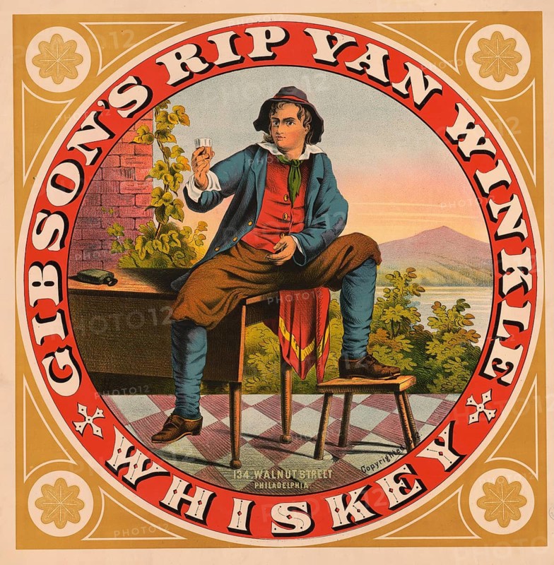 Advertising poster, beverage advertisement, poster promotes Gibson's Rip Van Winkle Whiskey and shows the famous literary character raising a glass. The graphic was created by Bencke & Scott and shows the actor Joseph Jefferson in his well-known role, 1895, authentic reproduction of a historical advertising poster, advertising sign, in high resolution