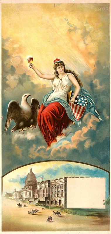 Advertising poster, beverage advertisement, historical personification of the USA known as Columbia, who in American iconography represents freedom and patriotism in female form. Columbia sits majestically amongst the clouds, wearing a classic white robe and a Phrygian cap adorned with patriotic motifs (often known as the Liberty Cap) . In one hand she proudly holds a raised glass, in the other, a shield bearing the Stars and Stripes of the American flag. Beside her flies a bald eagle, the national heraldic animal of the United States. Template for calendars or advertising posters, onto which local retailers or publishers could subsequently have their own calendar dates or advertising messages printed, authentic reproduction of a historical advertising poster or sign, in high resolution, historical